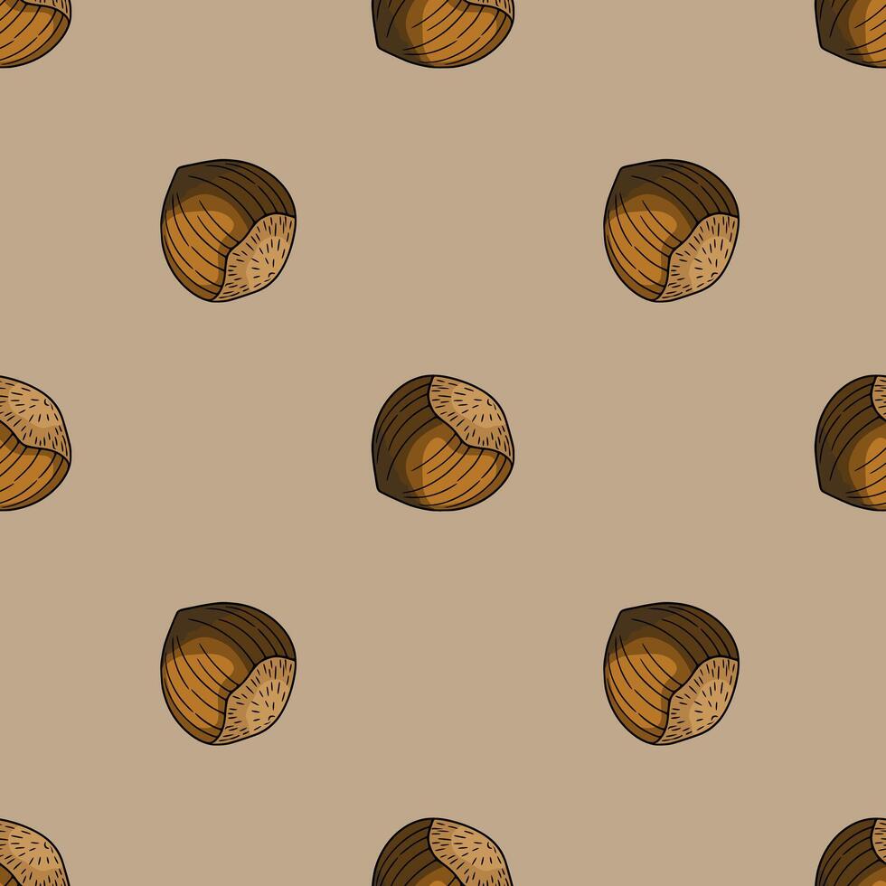 Seamless pattern of hazelnuts with gradient shading on a taupe background, featuring detailed handdrawn style for autumnal designs. vector