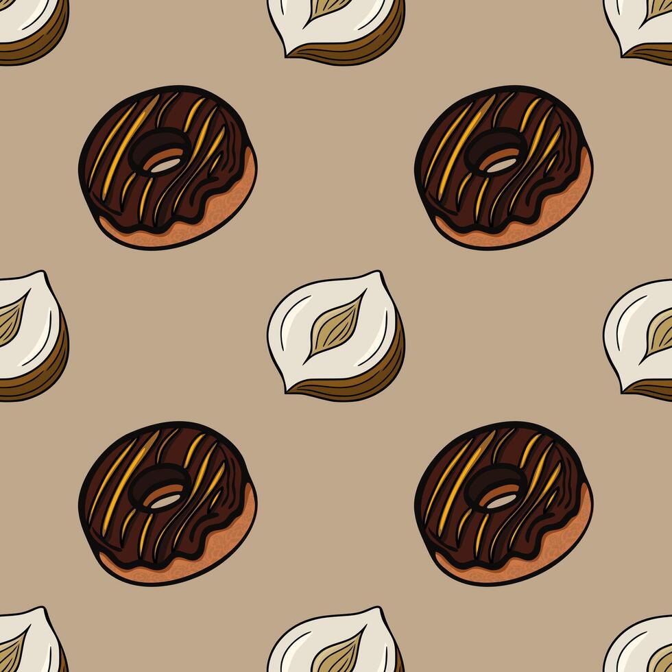 Seamless pattern featuring delicious chocolate glazed donuts with caramel stripes and halved hazelnuts on a muted taupe background, creating a sweet and nutty autumnal design. vector