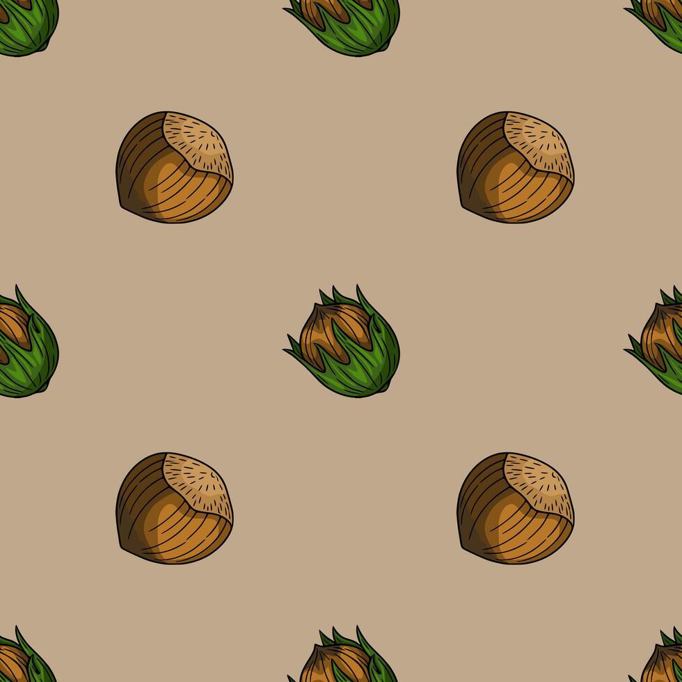 Seamless pattern of hazelnuts in shells and husks, illustrated in a handdrawn style with brown and green colors on a beige background, perfect for autumnal designs. vector