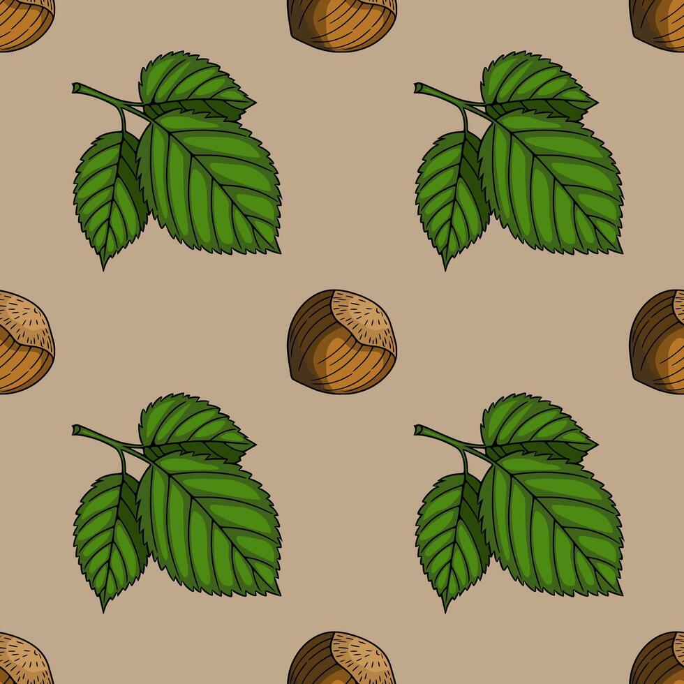Seamless pattern of hazelnuts and leaves, a detailed illustration with a natural autumnal palette, perfect for textile prints or fallthemed designs. vector