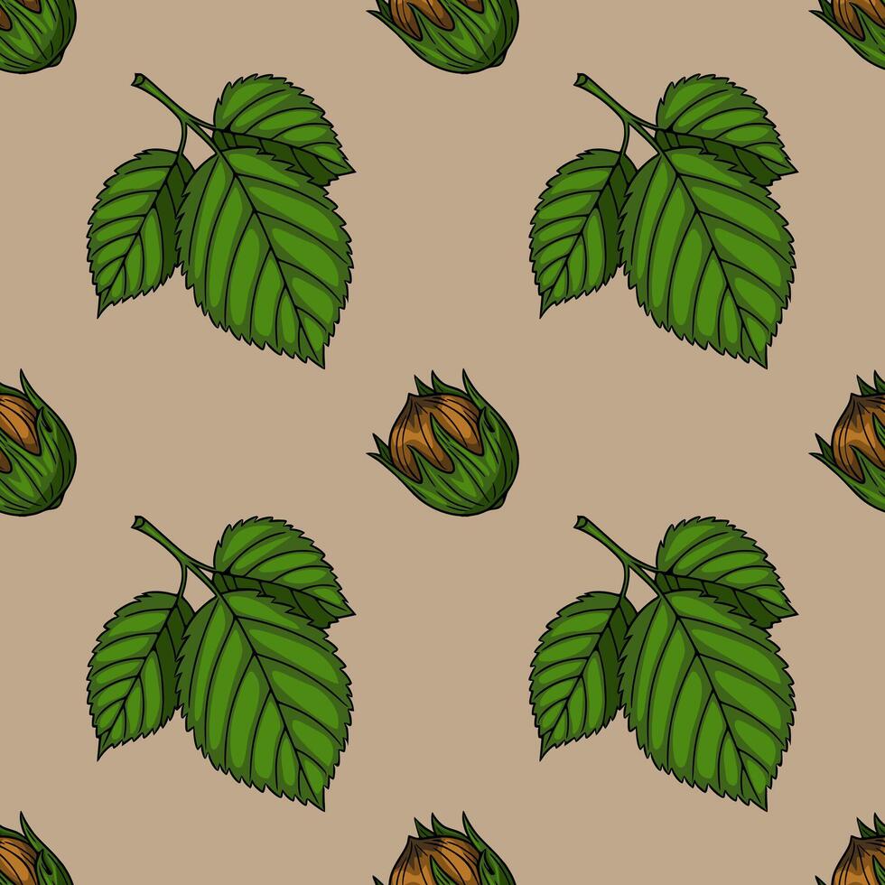 Seamless pattern of hazelnuts in their husks and green leaves on a beige background, a unique autumnal design for textile or wallpaper. vector