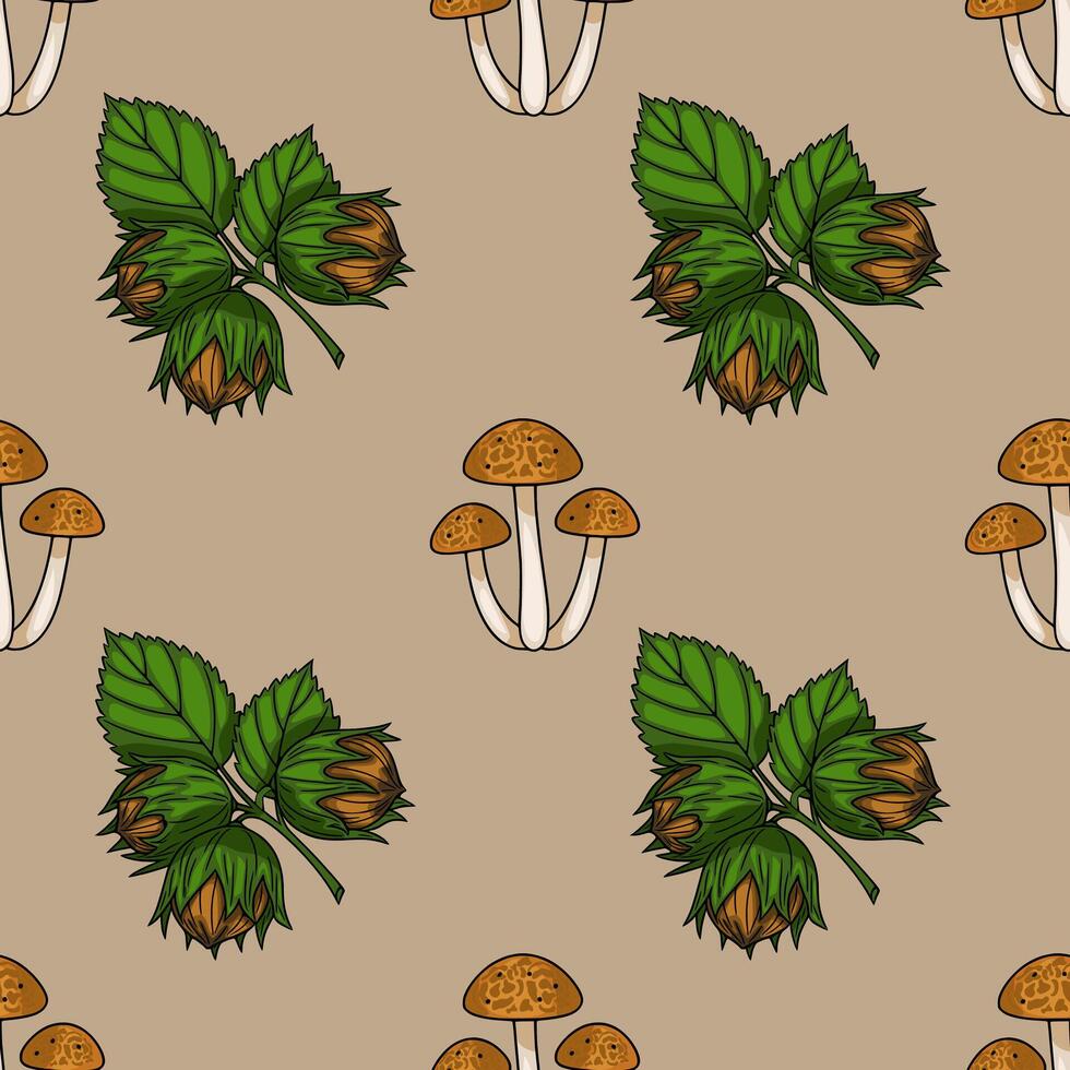 Seamless pattern featuring handdrawn hazelnuts with green leaves and clusters of autumn mushrooms on a beige background, creating a charming autumnal design. vector