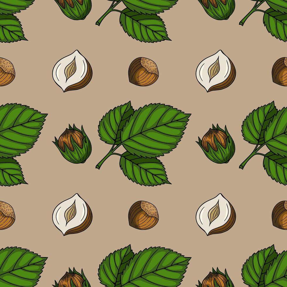 Seamless pattern of hazelnuts in shell and shelled, with green leaves on a beige background, handdrawn in a vintage style. vector