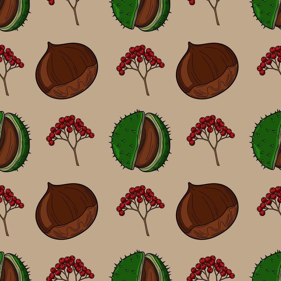Seamless pattern of autumn chestnuts, opened chestnut shell and red berries on a beige background, perfect for fallthemed design projects. vector