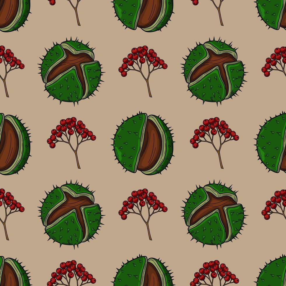 Seamless pattern of autumn chestnuts and red berries, handdrawn in a vintage style on a beige background, ideal for fallthemed designs. vector