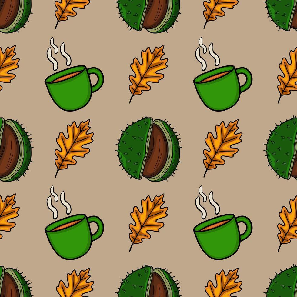 Cozy Autumn Seamless Pattern Green Mug of Coffee, Chestnut, and Oak Leaves on a Beige Background vector