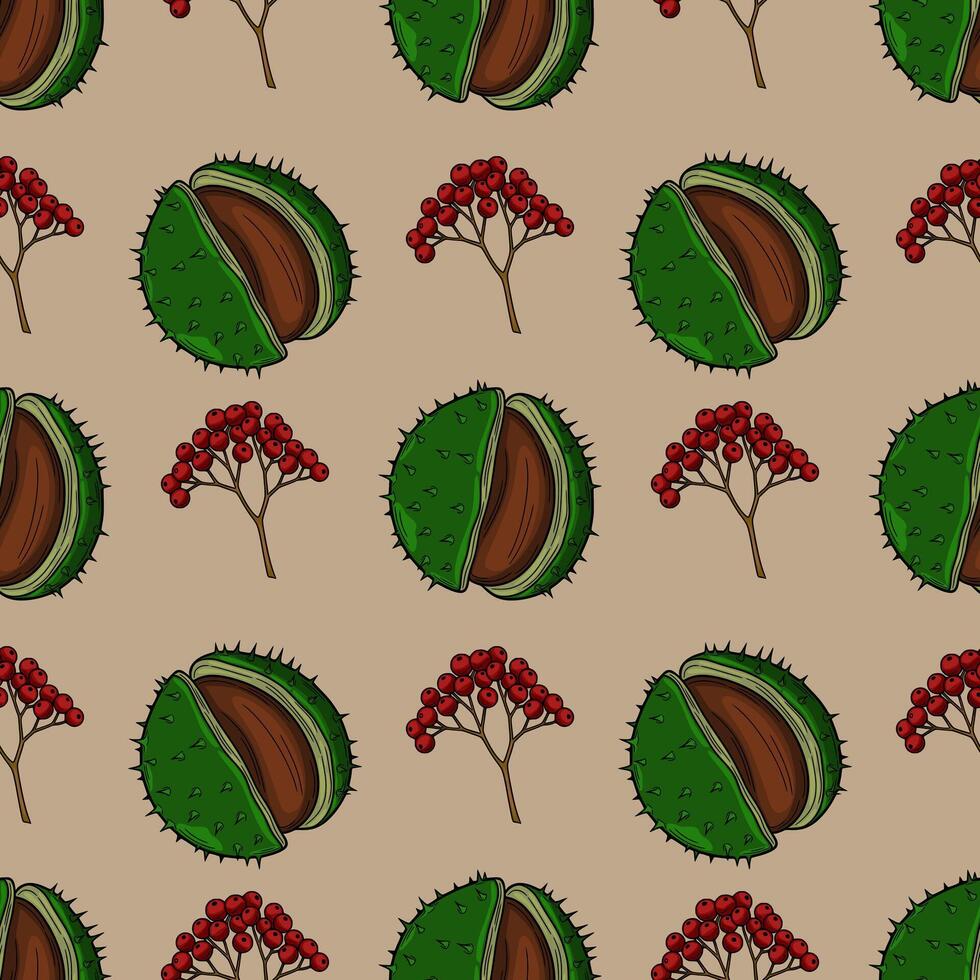Seamless pattern of handdrawn autumn chestnuts and red berries on a beige background, perfect for fallthemed designs and textile prints. vector