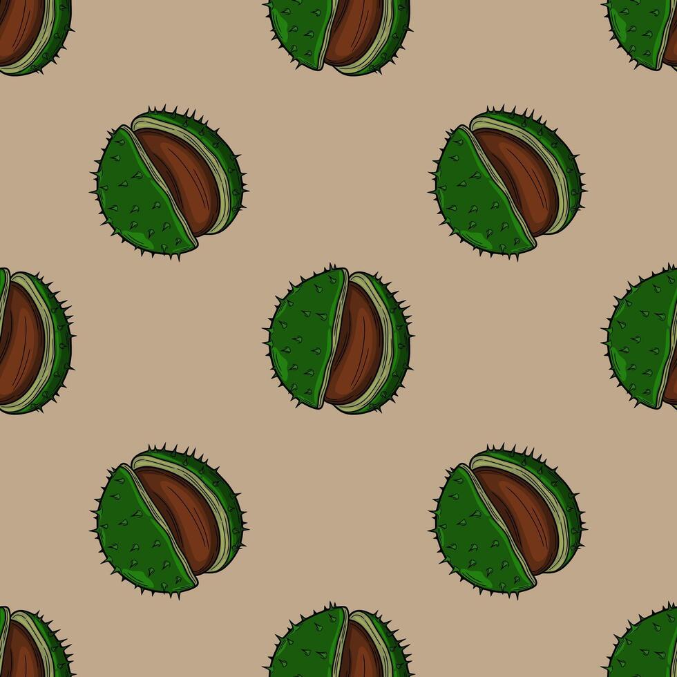 Seamless pattern of handdrawn chestnut husks, showcasing a vibrant green and brown color palette, ideal for autumnal designs and textile prints. vector