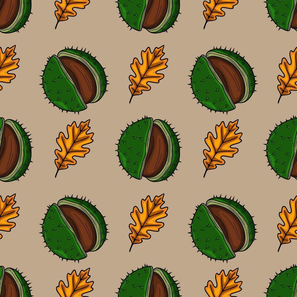 Seamless pattern of autumnal chestnuts and oak leaves, a charming illustration with vibrant greens, browns, and oranges, perfect for seasonal designs. vector