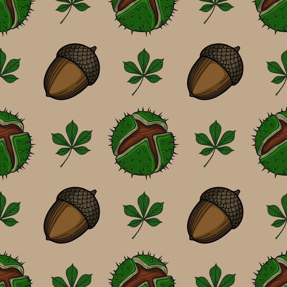 Seamless pattern featuring detailed acorns, chestnut husks, and horse chestnut leaves, creating a rich autumnal design ideal for textile prints or fallthemed backgrounds. vector
