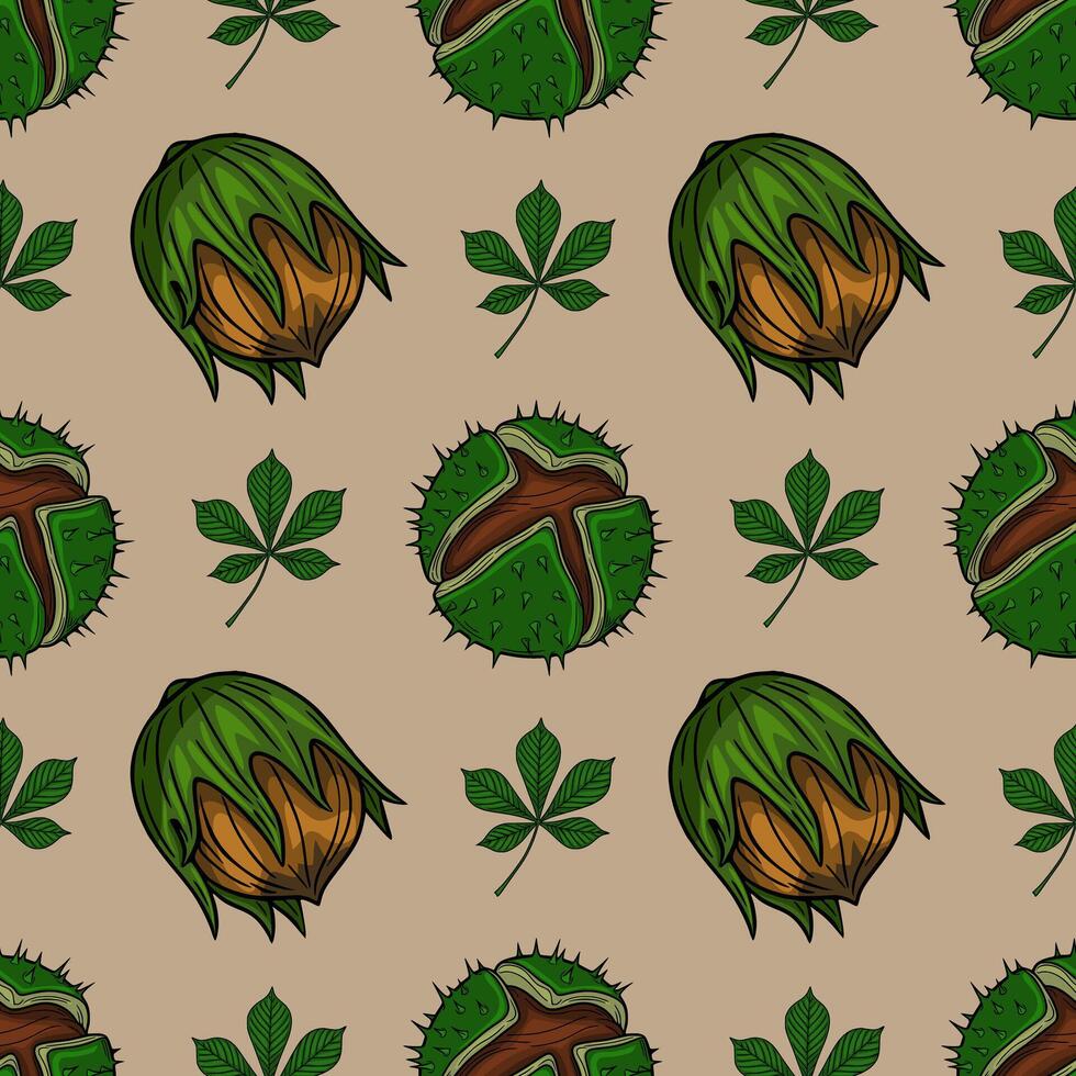 Seamless pattern of handdrawn chestnuts and leaves in a vintage style, featuring detailed illustrations of both open and closed chestnut husks against a muted beige background. vector