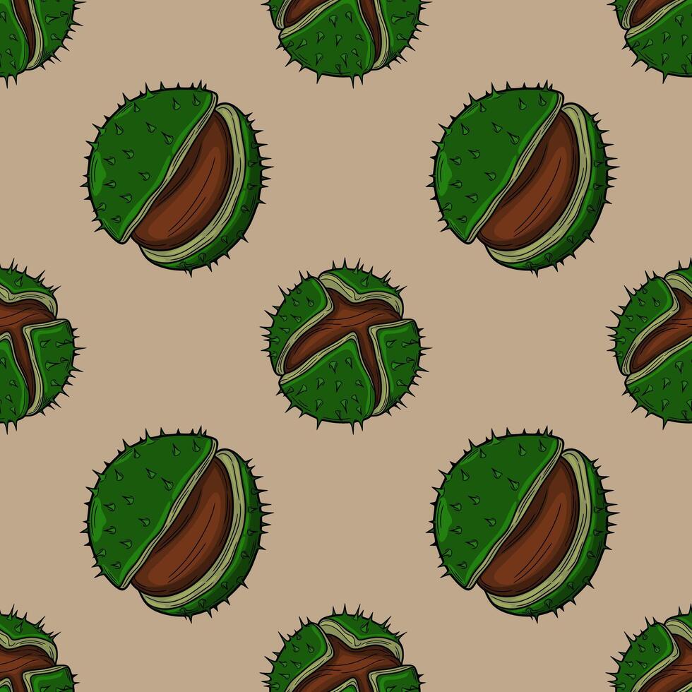 Seamless pattern of handdrawn chestnut burrs with detailed green husks and brown nuts, creating a rustic autumnal design perfect for fallthemed projects. vector