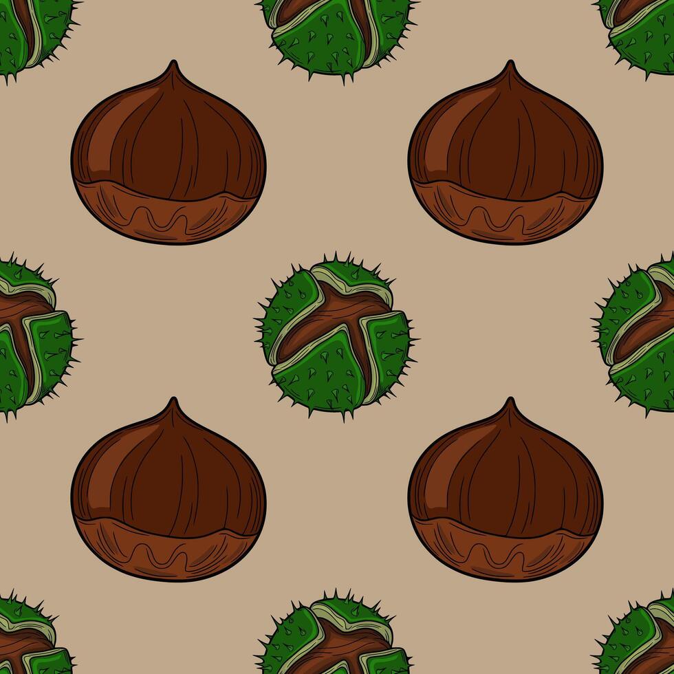 Seamless pattern of handdrawn chestnuts and their spiky husks, featuring rich brown and vibrant green hues, ideal for autumnal designs. vector