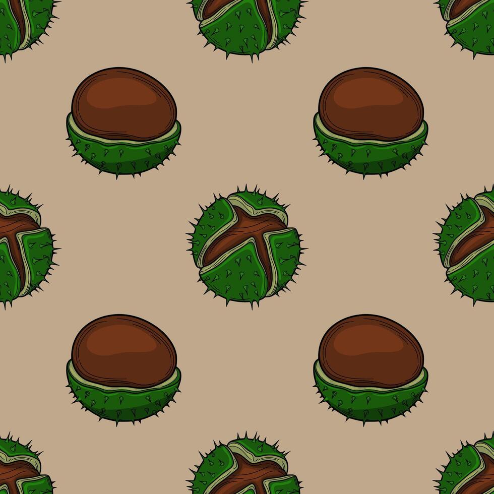 Seamless pattern of handdrawn chestnut illustrations in brown and green tones, featuring both whole and opened chestnuts with spiky husks, creating a rustic autumnal design. vector