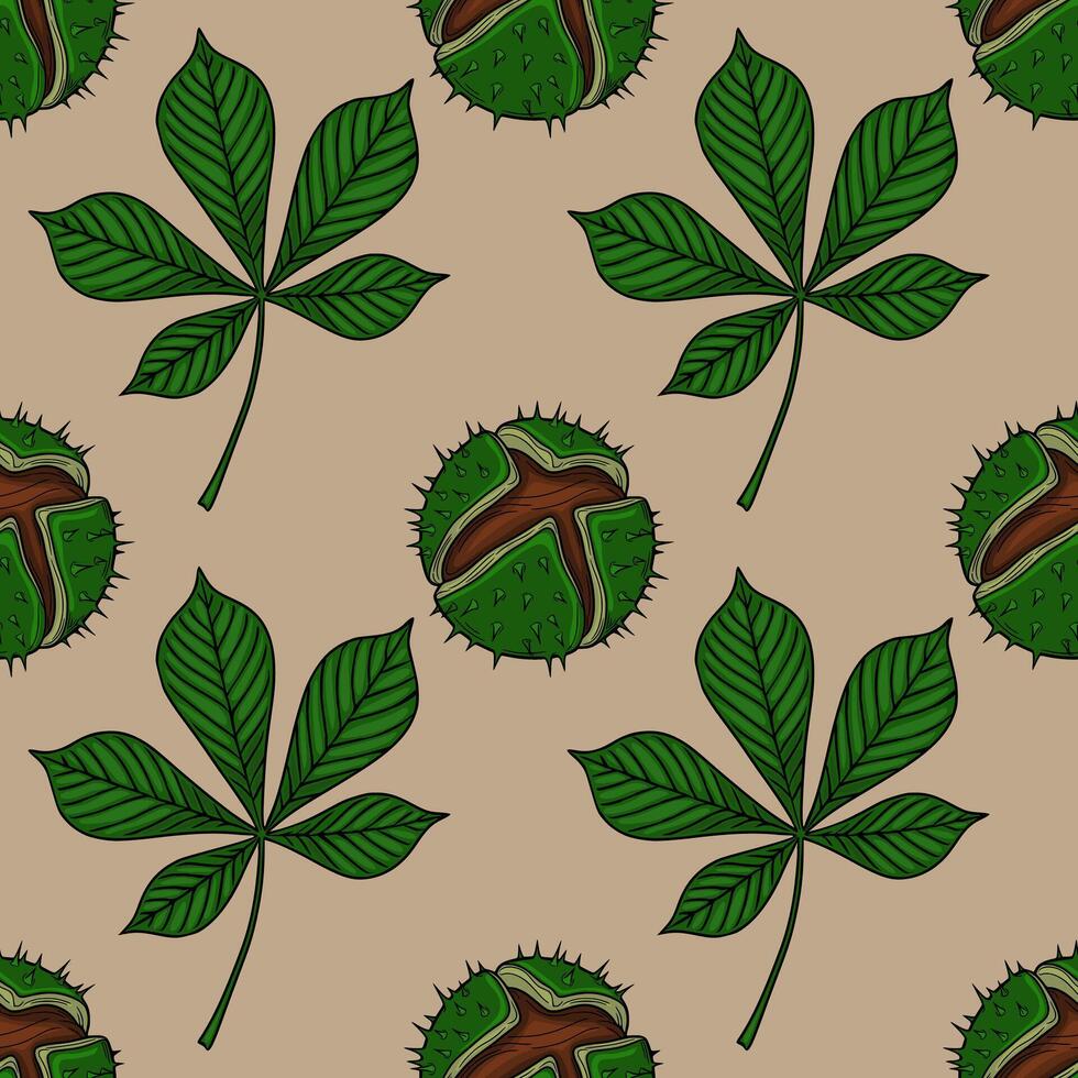 Seamless pattern of chestnut leaves and opened chestnuts in a beige background, creating a natural and autumnal design. vector