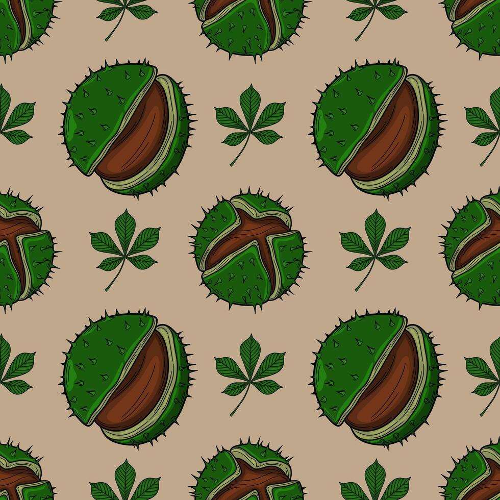 Seamless pattern of handdrawn chestnut husks and leaves, featuring a detailed, vintagestyle illustration with rich green and brown tones, ideal for autumnal designs and textile prints. vector