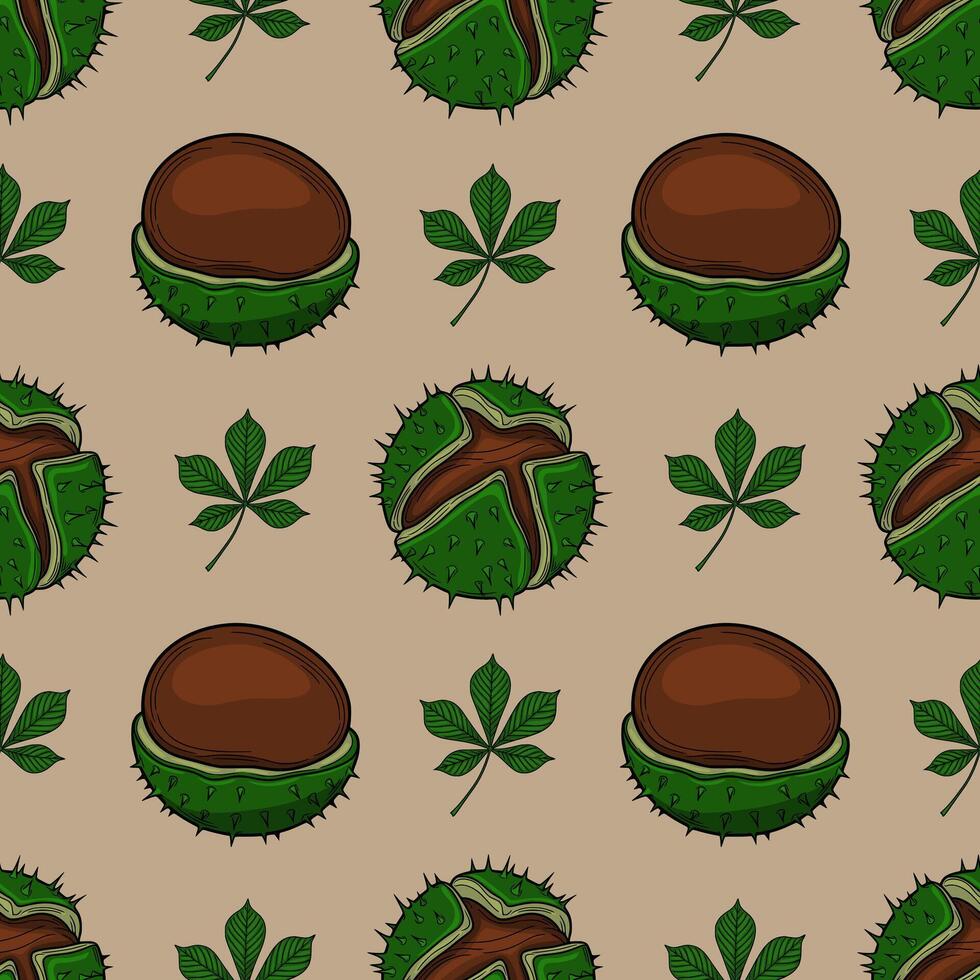Seamless pattern of handdrawn chestnuts and leaves, showcasing detailed botanical illustration in autumnal green and brown tones, perfect for fallthemed designs. vector