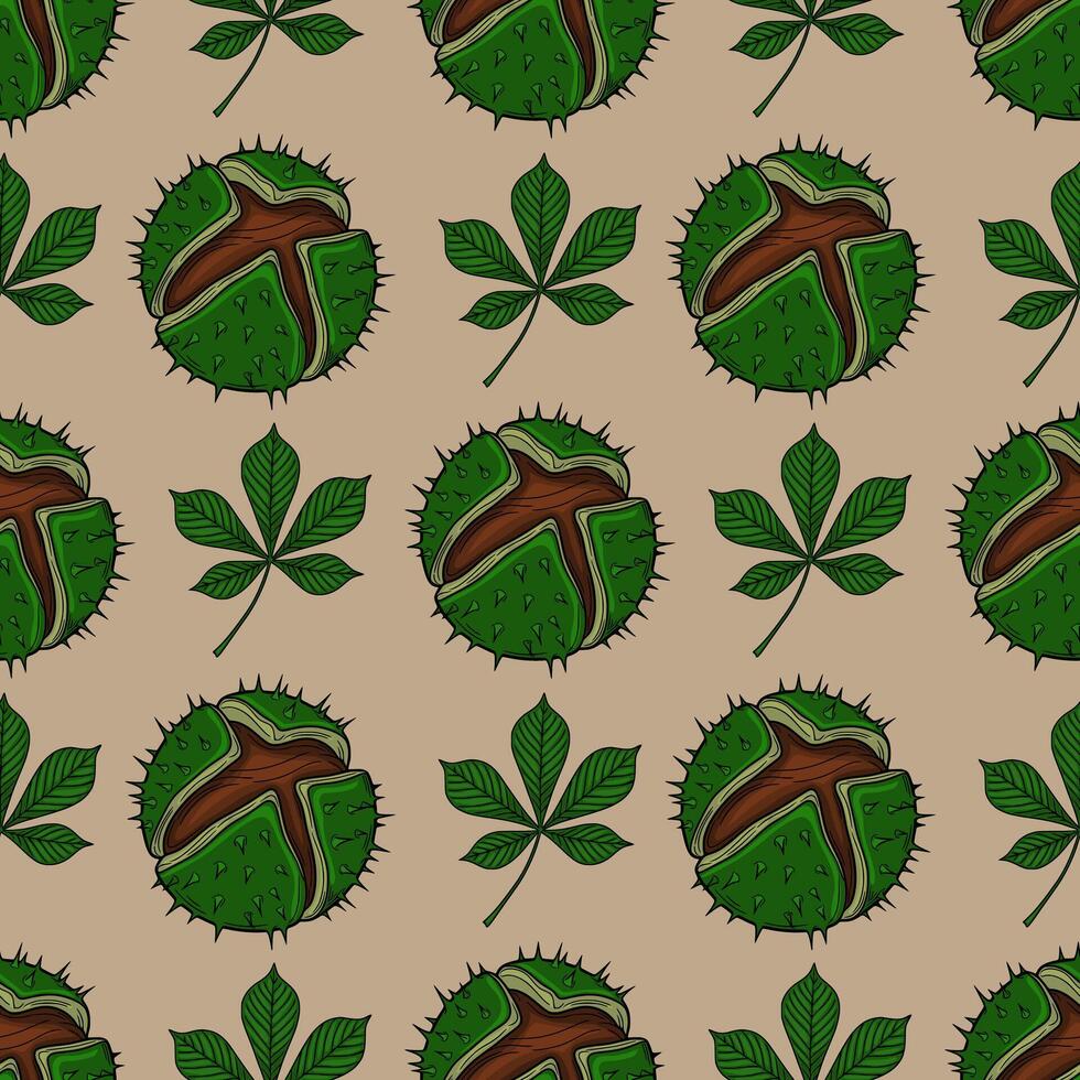 Seamless pattern of chestnut burrs and leaves, detailed handdrawn illustration in green and brown tones, perfect for autumnal designs and textile prints. vector