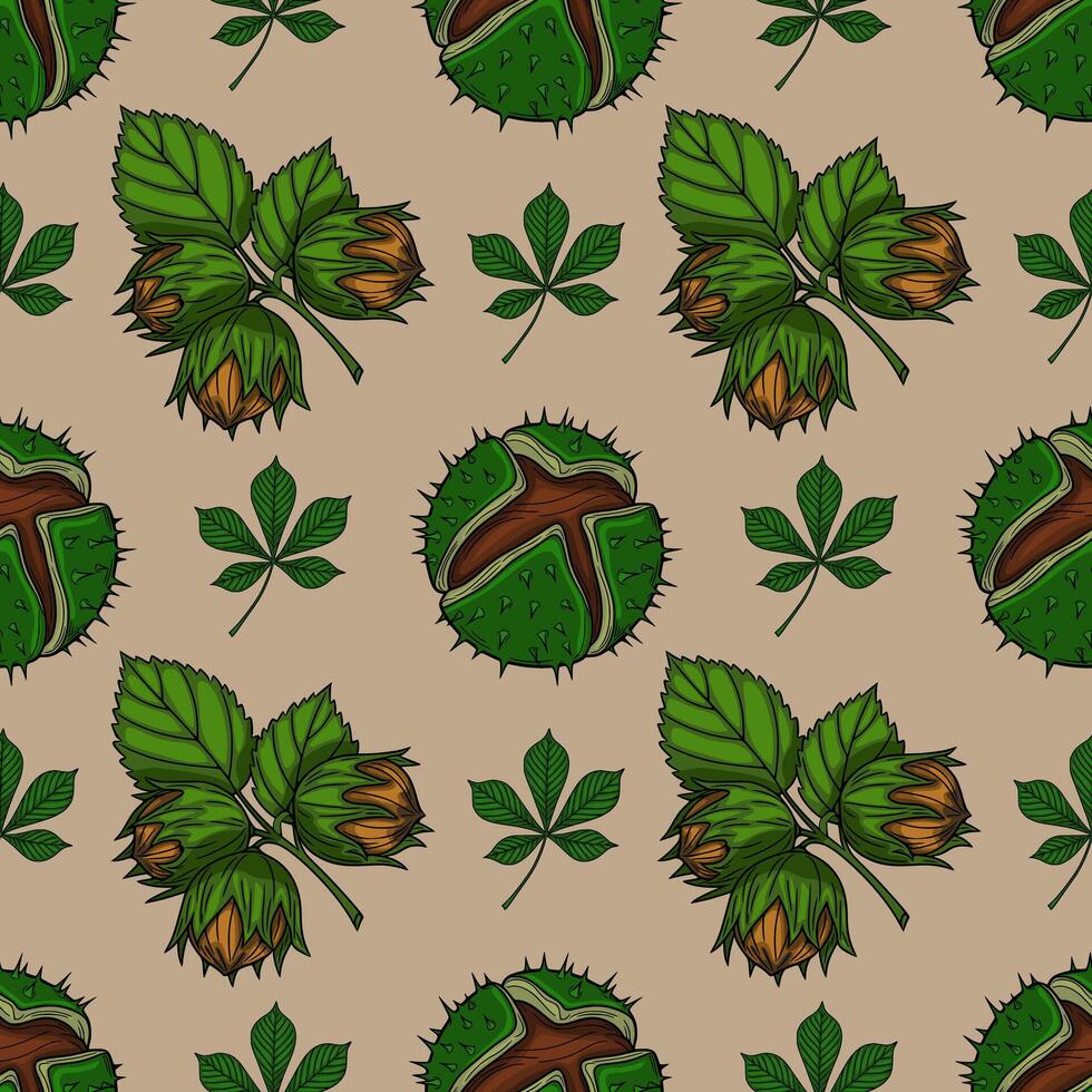 Seamless pattern with handdrawn illustrations of hazelnuts and horse chestnuts, featuring detailed leaves and a beige background, ideal for autumnthemed designs. vector