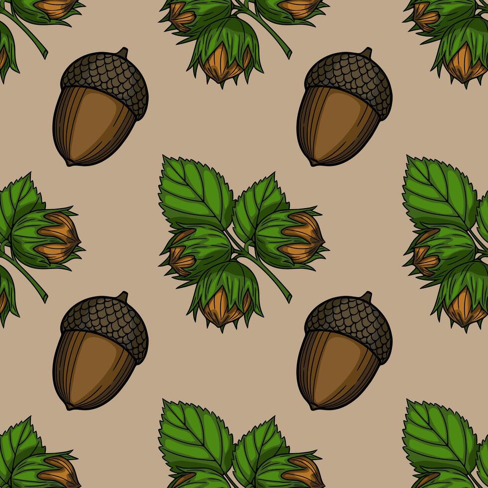 Seamless pattern of handdrawn acorns and hazelnuts on a beige background, featuring detailed illustrations of nuts and leaves in a natural autumnal color palette. vector