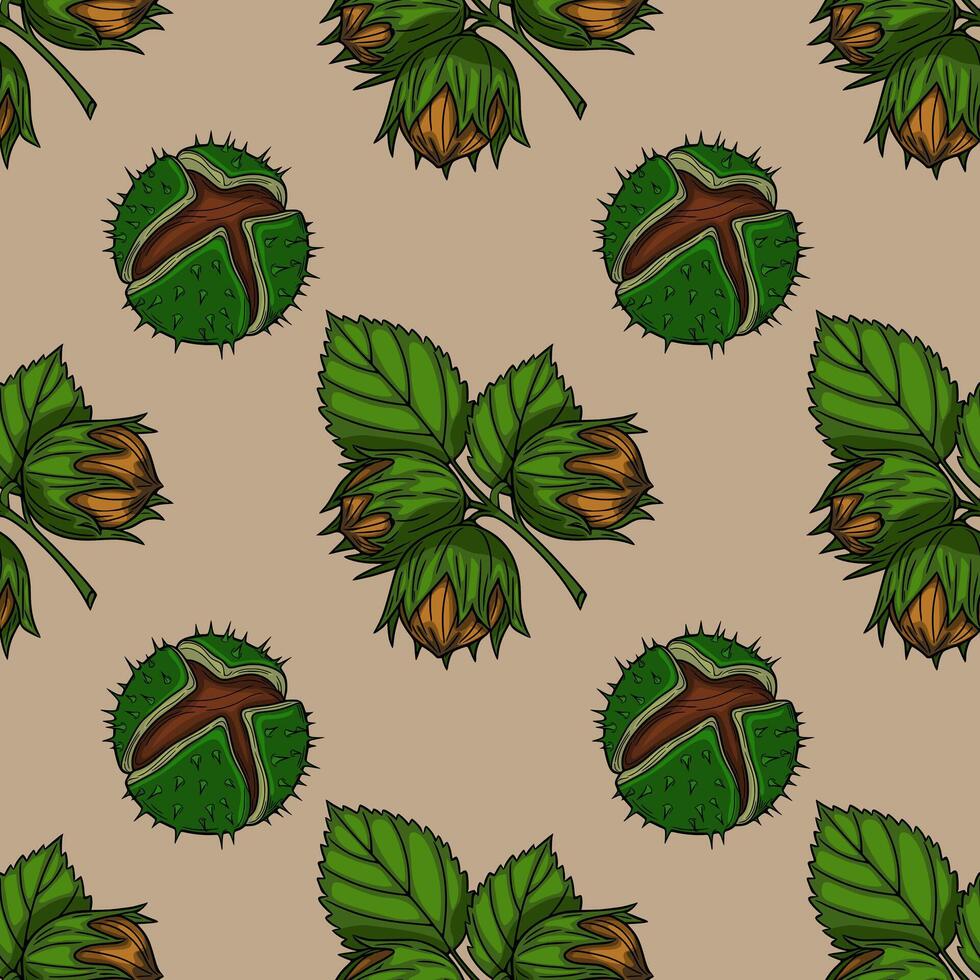 Seamless pattern of hazelnuts and chestnuts with green leaves on a beige background, creating a rustic autumnal design. vector