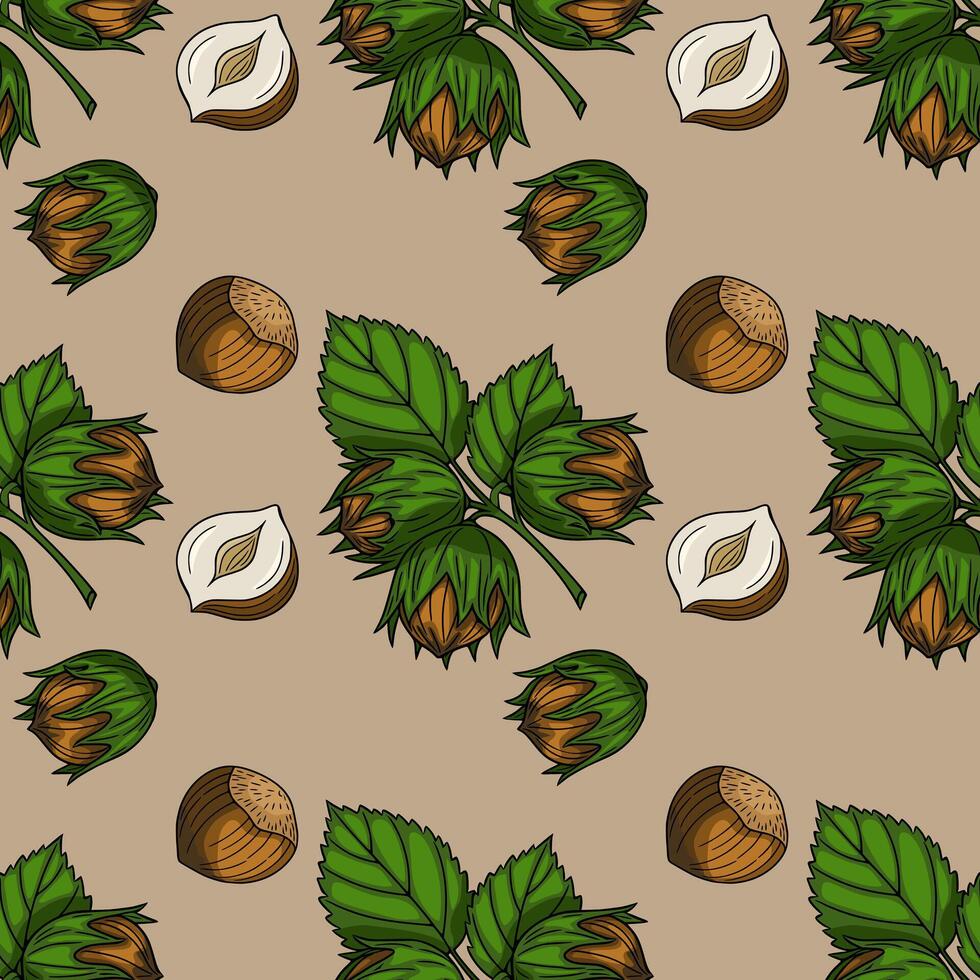 Seamless pattern with handdrawn hazelnuts, showcasing detailed leaves and nuts in shell and peeled, against a muted beige background, perfect for autumnal designs. vector