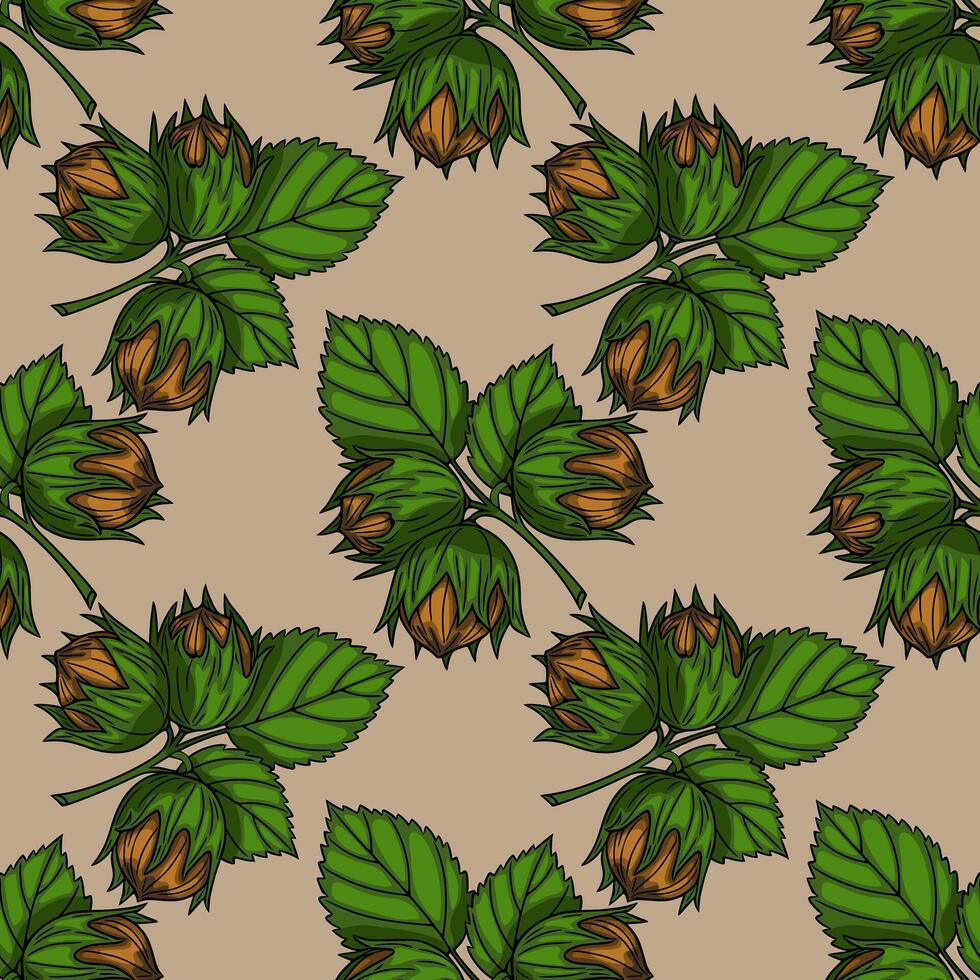Seamless pattern of hazelnuts with green leaves on a beige background, illustrating a rustic autumnal harvest design. vector