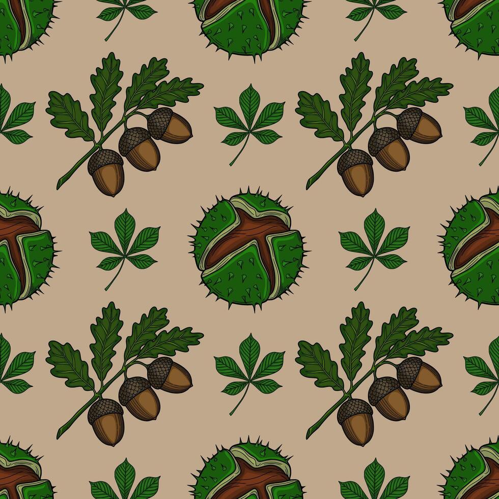 Seamless autumn pattern with handdrawn acorns, chestnuts, and oak and chestnut leaves on a beige background, perfect for fallthemed designs. vector
