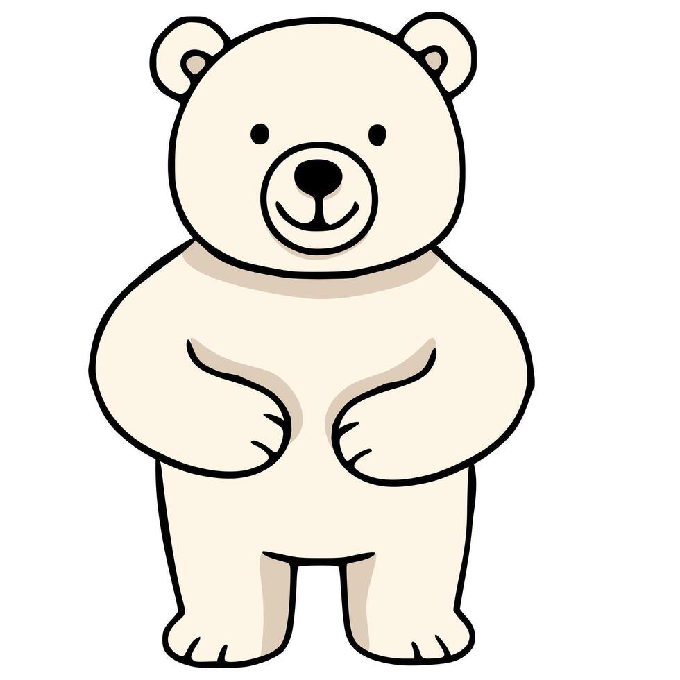 Adorable illustration of a cartoon polar bear standing upright, showcasing a simplistic yet charming design with a creamy beige color palette and bold black outlines. vector