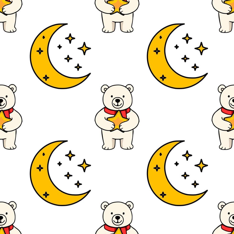 Seamless pattern featuring adorable polar bears in red scarves holding golden stars, accompanied by crescent moons and sparkling stars, creating a charming and whimsical night sky design. vector