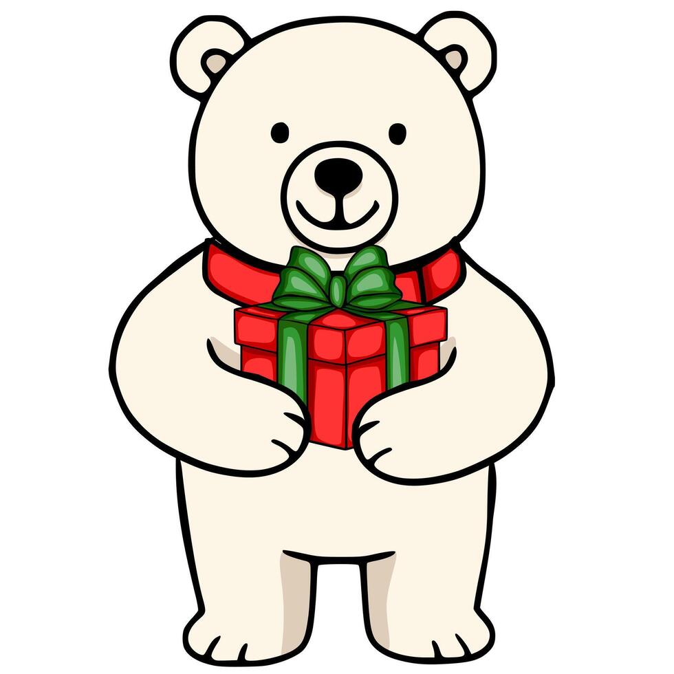 Adorable illustration of a polar bear wearing a red scarf and holding a red gift box with a green bow, perfect for Christmas or winter holiday designs. vector