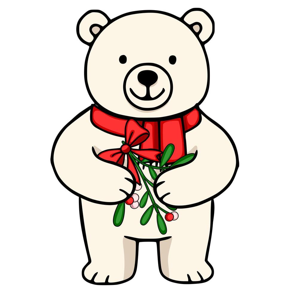 Adorable illustration of a cheerful polar bear wearing a red scarf and holding a sprig of mistletoe, perfect for festive designs. vector