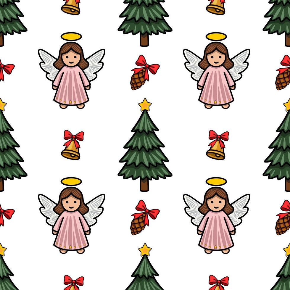Seamless Christmas pattern featuring cute angels, fir trees, bells, pine cones, and stars, perfect for festive designs and winter holidays. vector