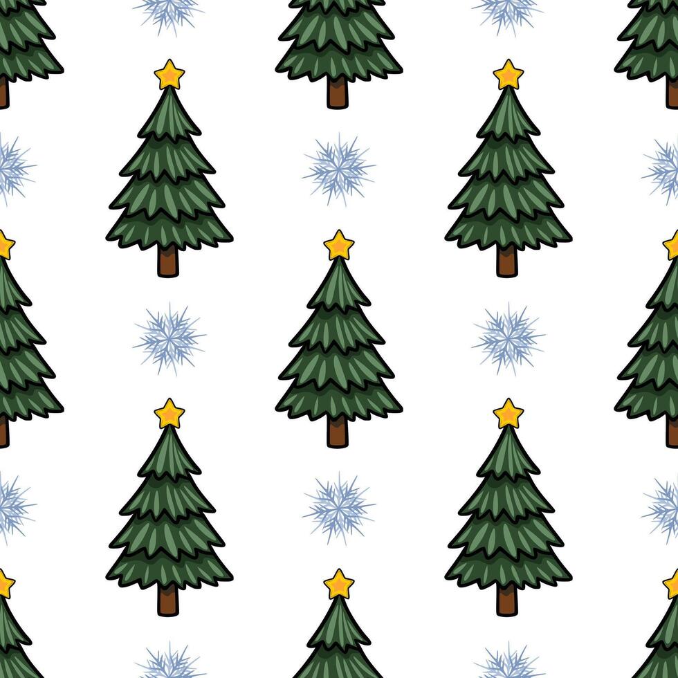 Seamless pattern featuring stylized Christmas trees adorned with golden stars and interspersed with delicate snowflakes on a pristine white background, ideal for festive designs. vector