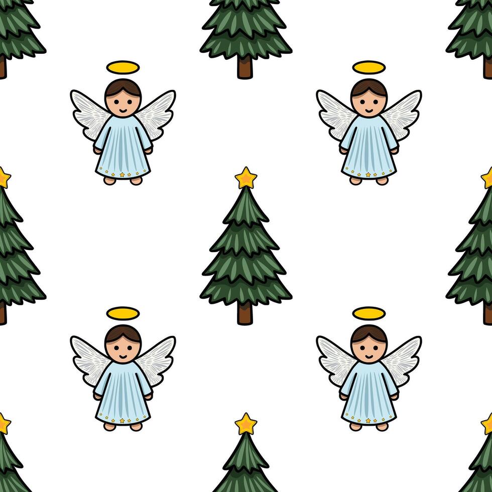 Seamless pattern featuring adorable cartoon angels with light blue robes and golden haloes, interspersed with charming green Christmas trees adorned with yellow stars. vector