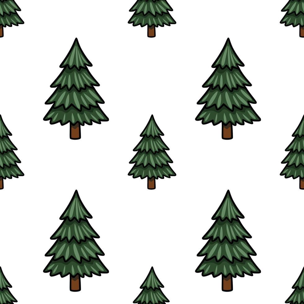 Seamless pattern with stylized evergreen trees, featuring dark green foliage and brown trunks, creating a simple yet charming natureinspired design. vector