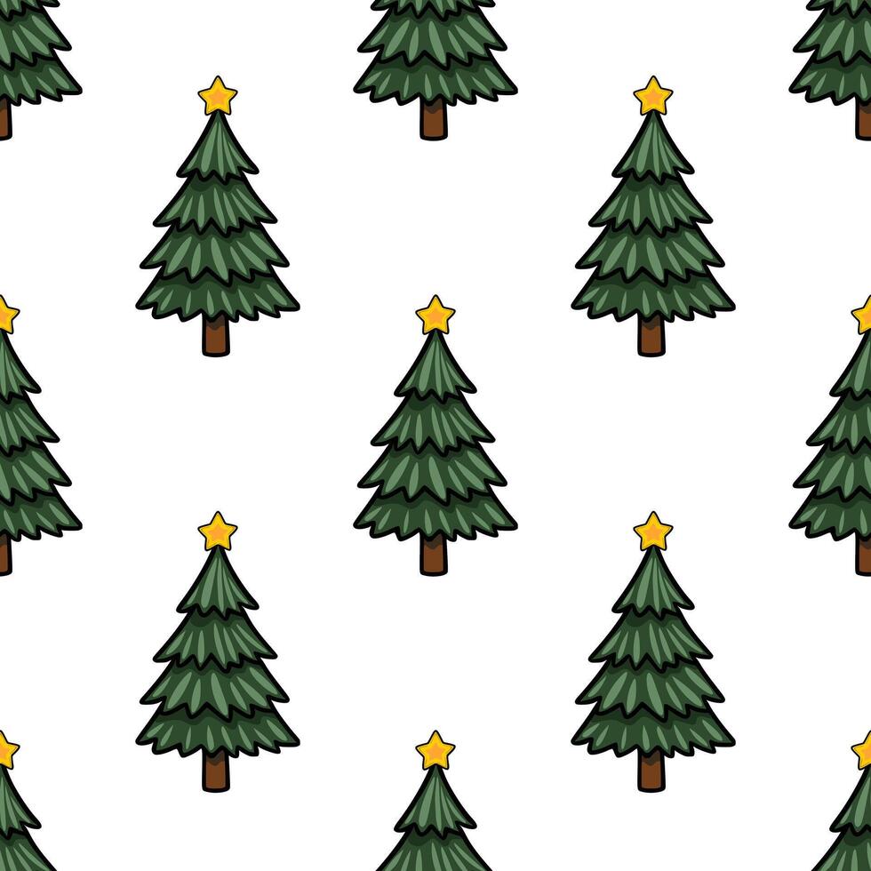 Seamless pattern of stylized Christmas trees with golden stars, perfect for festive backgrounds and winter designs. vector