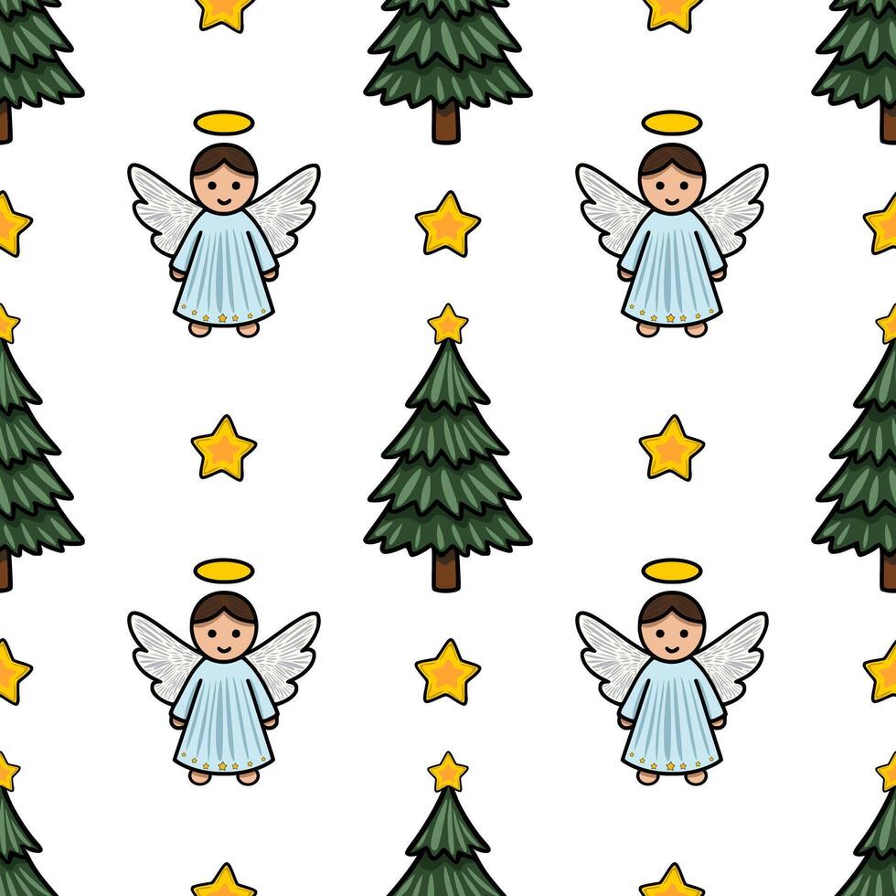 Seamless Christmas pattern featuring cute angels, fir trees, and golden stars, ideal for festive designs and winter holidays. vector
