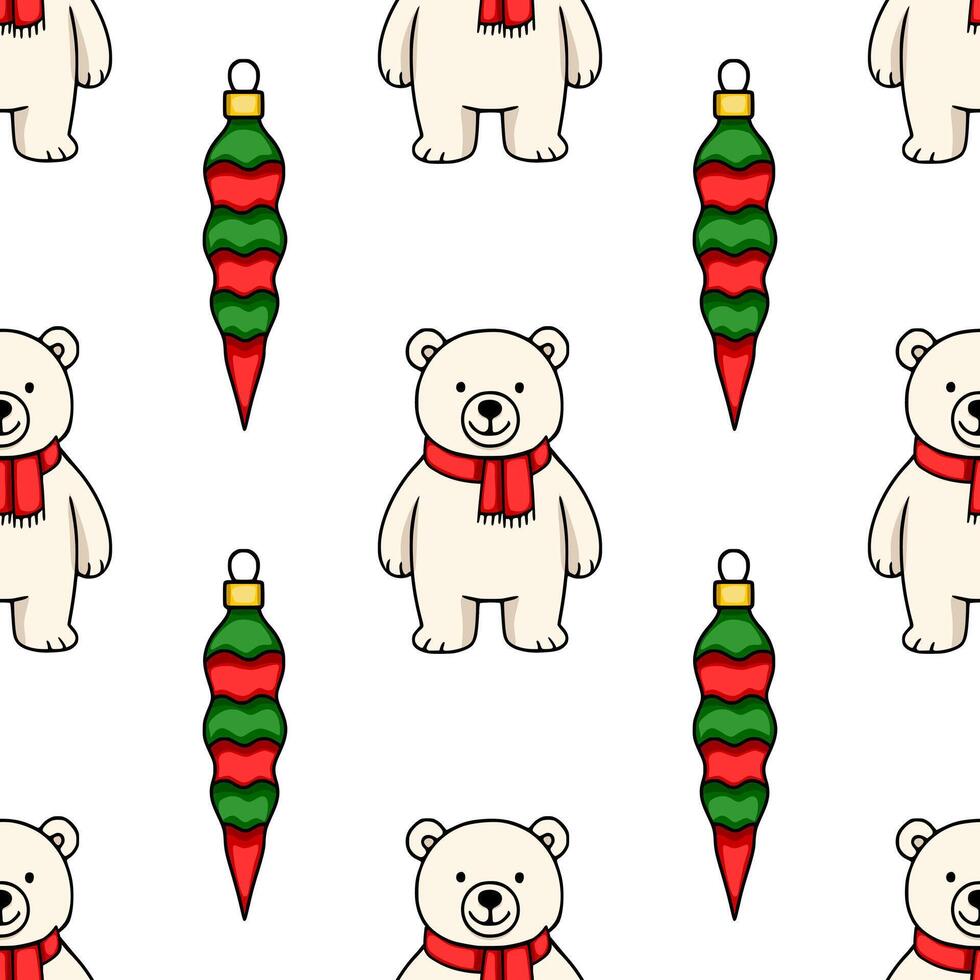 Seamless pattern featuring adorable polar bears wearing red scarves and festive red and green Christmas ornaments, creating a charming winter holiday design. vector