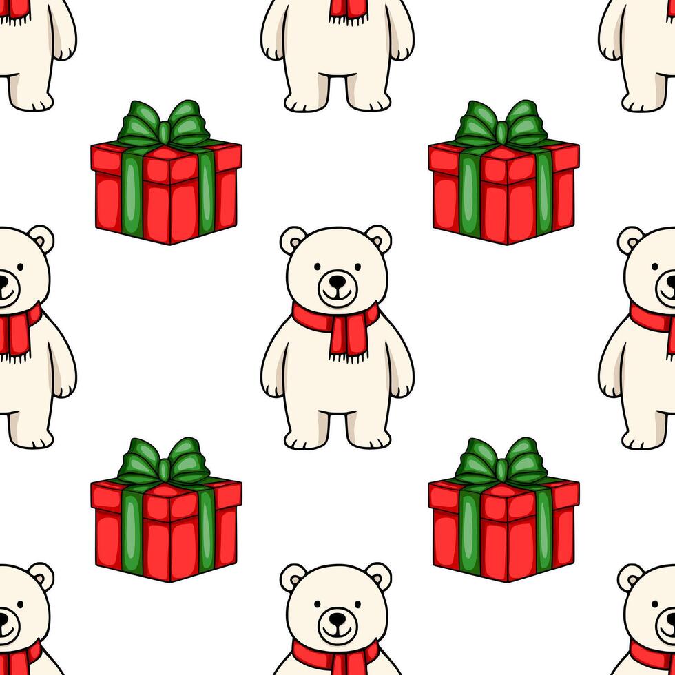Seamless pattern featuring adorable polar bears wearing red scarves and festive red and green gift boxes, creating a charming Christmas design. vector