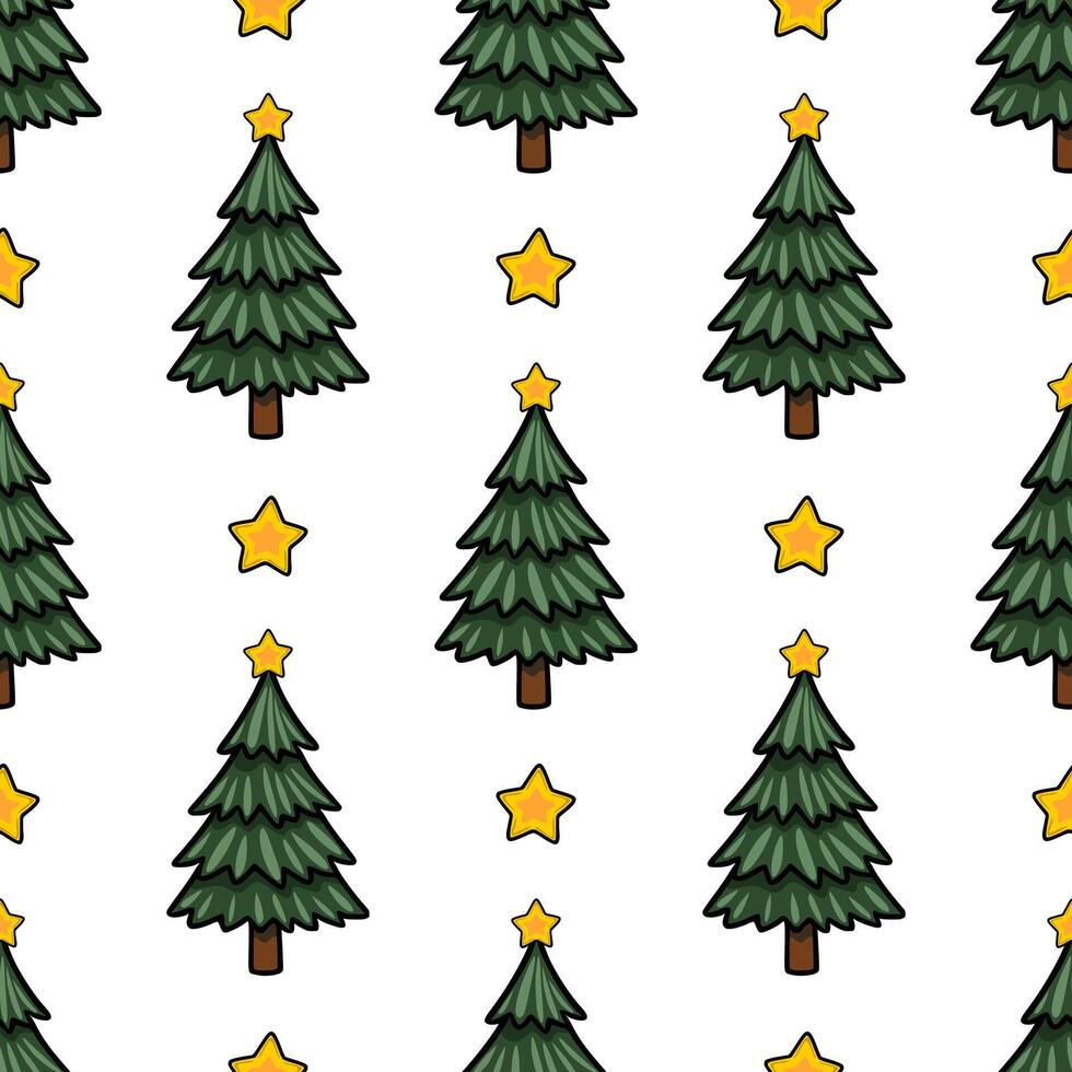 Seamless pattern of stylized Christmas trees with golden stars, perfect for festive winter designs and holiday backgrounds. vector
