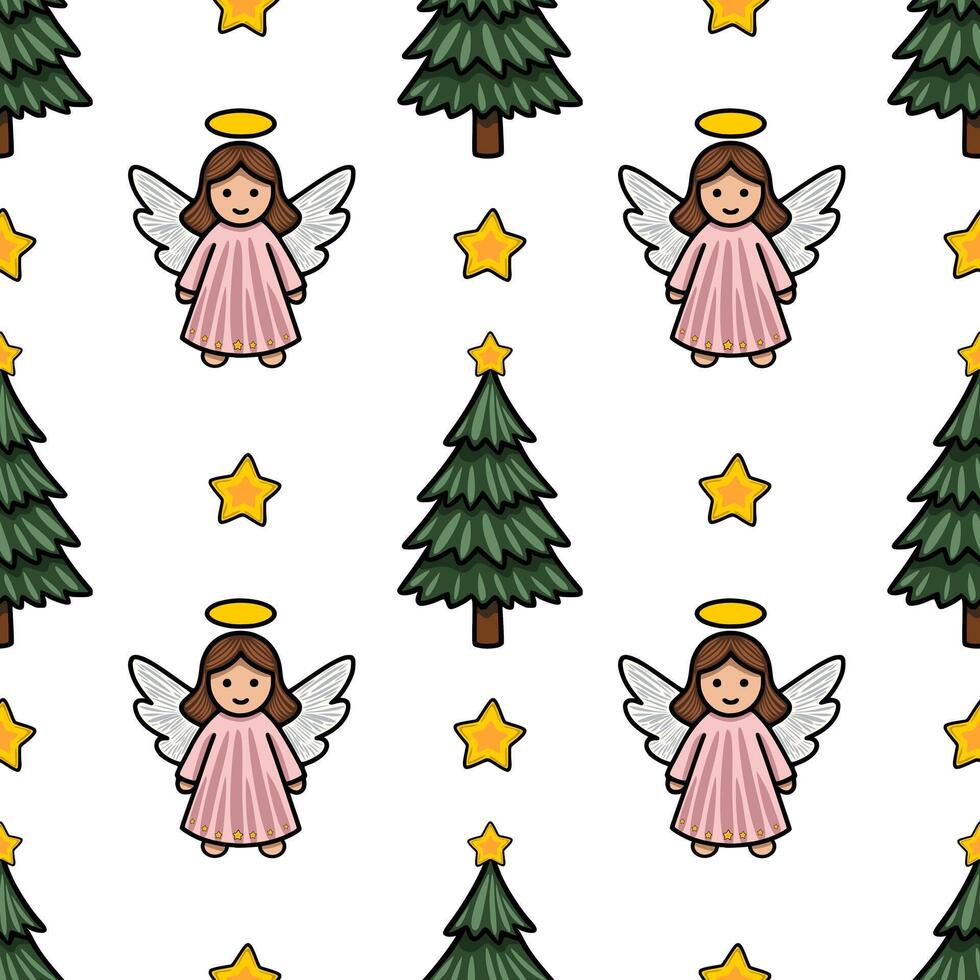 Seamless pattern featuring adorable angels, Christmas trees, and stars, perfect for festive designs and winter holidays. vector