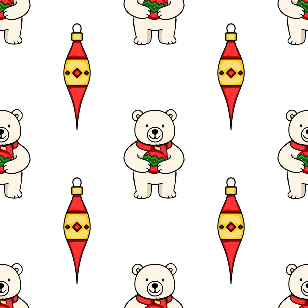 Seamless pattern featuring adorable polar bears in red scarves holding Christmas ornaments and stylized red and gold Christmas tree decorations on a white background, perfect for festive des... vector