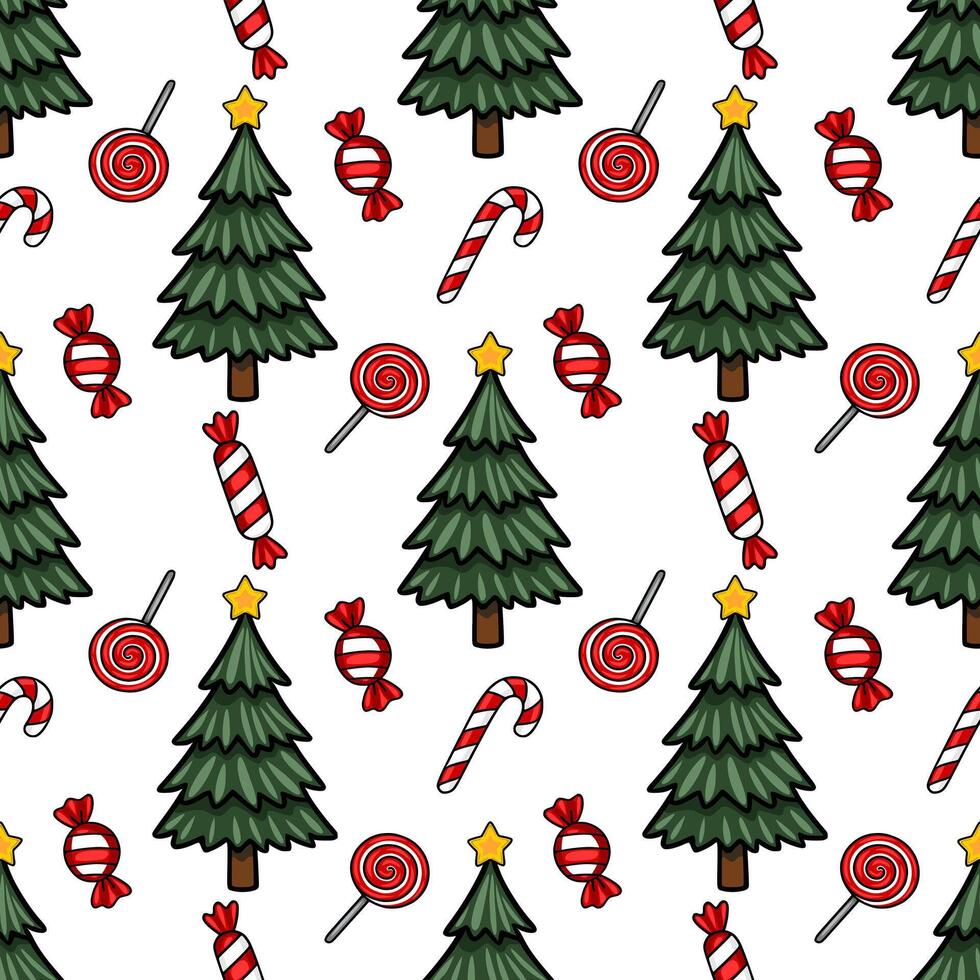 Seamless pattern featuring charming Christmas trees adorned with golden stars, alongside vibrant lollipops, candy canes, and wrapped sweets, creating a festive and joyful winter wonderland d... vector