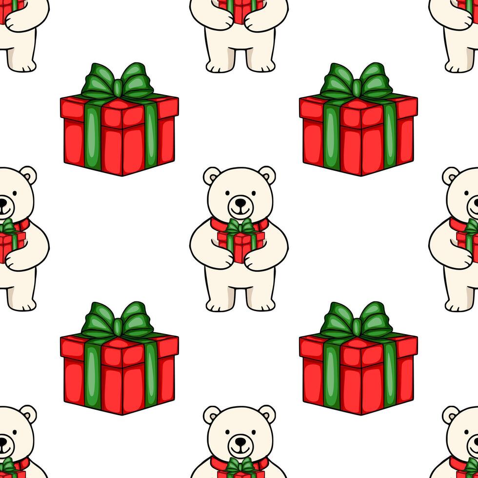 Seamless pattern featuring adorable polar bears holding Christmas presents, red and green gift boxes with bows, creating a cheerful holiday design ideal for festive backgrounds and wrapping... vector