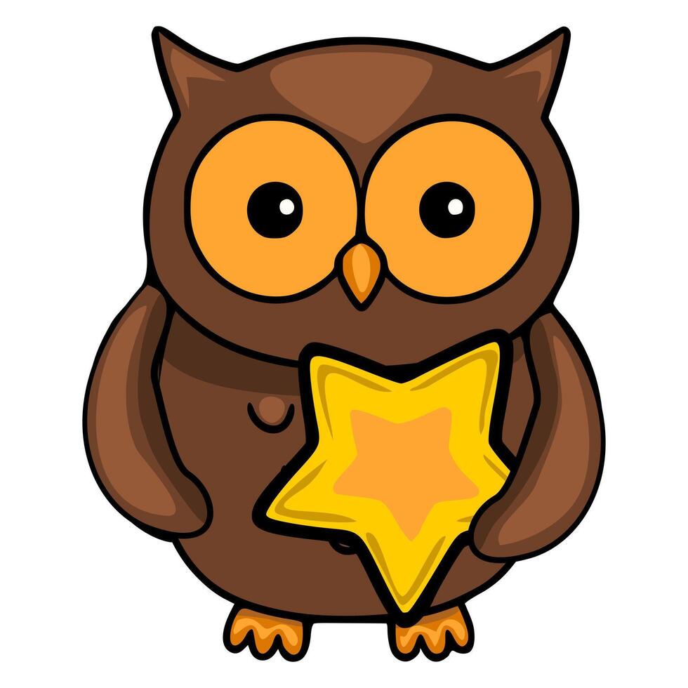 Adorable illustration of a brown owl holding a golden star, showcasing a charming cartoon style with bold outlines and vibrant orange accents. vector