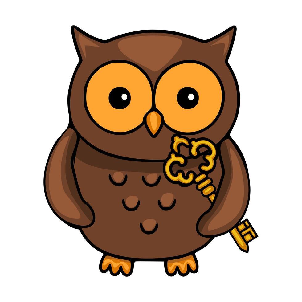 Adorable illustration of a brown owl holding a golden ornate key, showcasing a charming cartoon style with bold outlines and vibrant colors, perfect for childrens books, greeting cards, or... vector