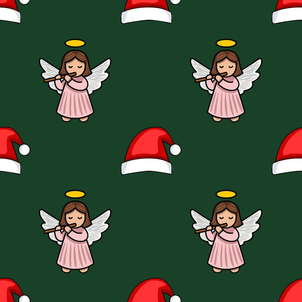 Seamless Christmas pattern featuring charming angels playing flutes and Santa hats on a deep green background, creating a festive and whimsical design. vector