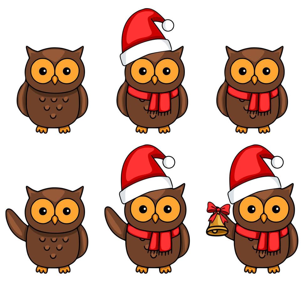 Adorable illustration of six brown owls in Santa hats and red scarves, some waving and one holding a bell, perfect for Christmas cards or winter designs. vector
