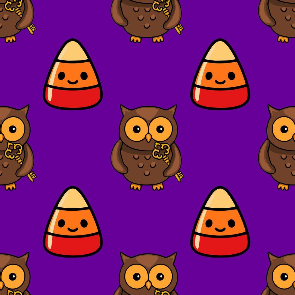 Seamless Halloween pattern featuring adorable cartoon owls holding golden keys and cheerful candy corn on a vibrant purple background. vector